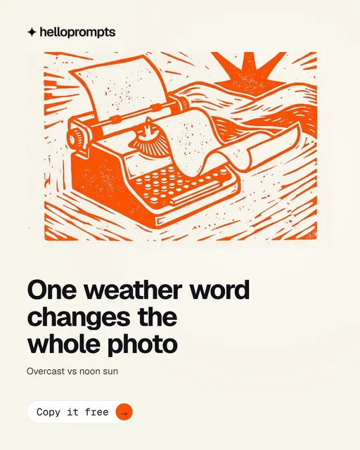Video for HelloPrompts: "One weather word changes the whole photo". Doc motion loop, 8.0 s, light palette.