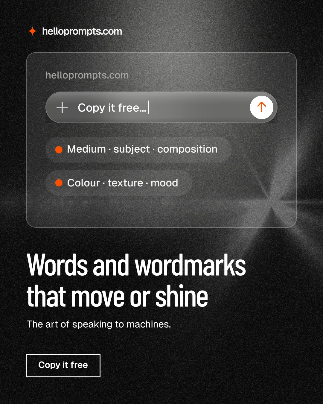 Instagram portrait post for HelloPrompts: "Words and wordmarks that move or shine". Dark deco style, bottom layout, dark palette in grey, black.