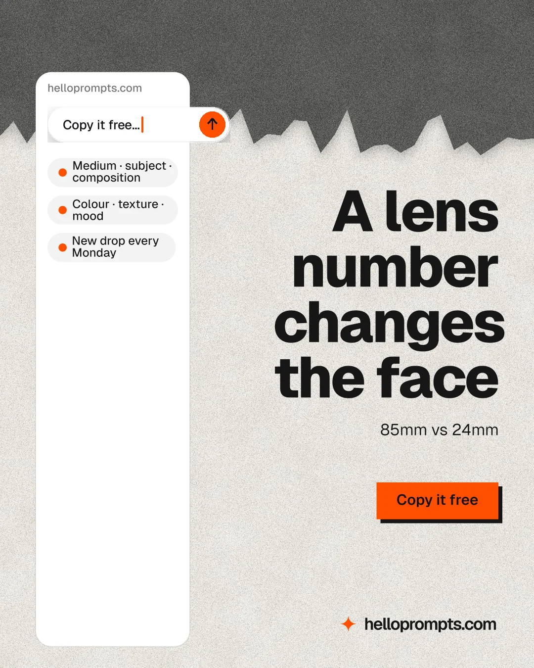 Instagram portrait post for HelloPrompts: "A lens number changes the face". Paper trio style, right layout, light palette in white, grey.