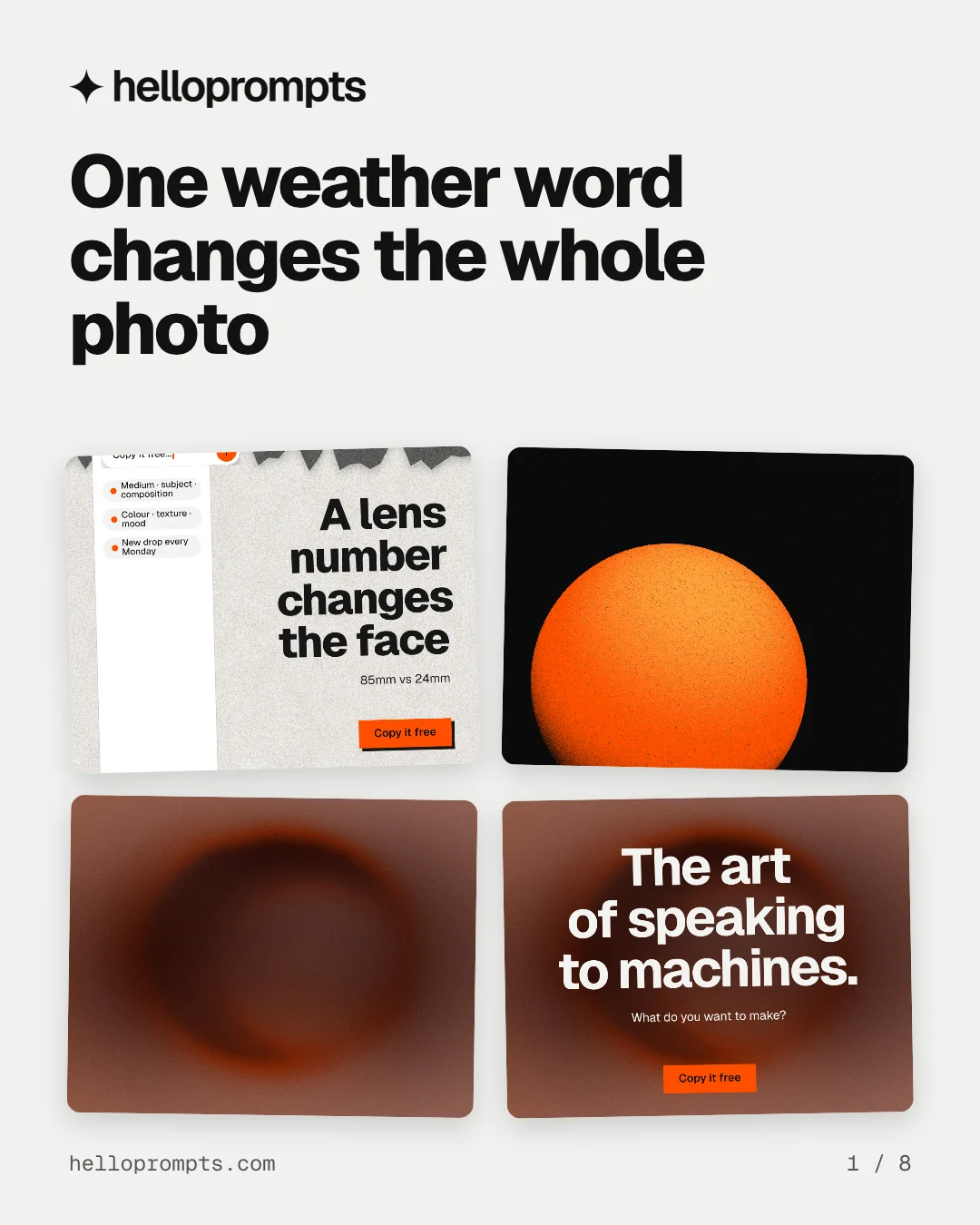 Carousel for HelloPrompts: "One weather word changes the whole photo". Collection carousel, 8 slides, light palette.