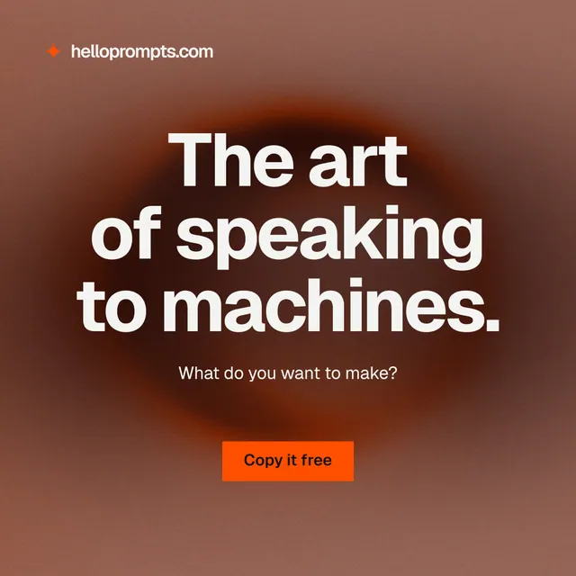 Instagram post for HelloPrompts: "The art of speaking to machines." Swiss style, centred layout, dark palette in red, orange, grey.
