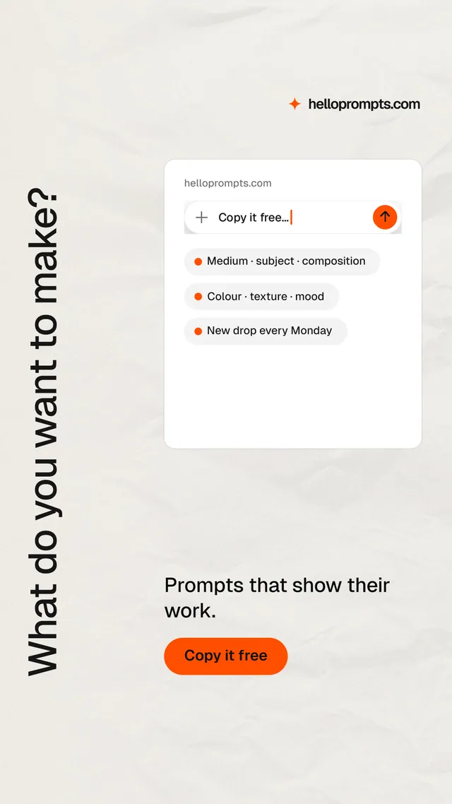 Instagram story for HelloPrompts: "What do you want to make?" Data card style, vertical layout, light palette in white, orange.