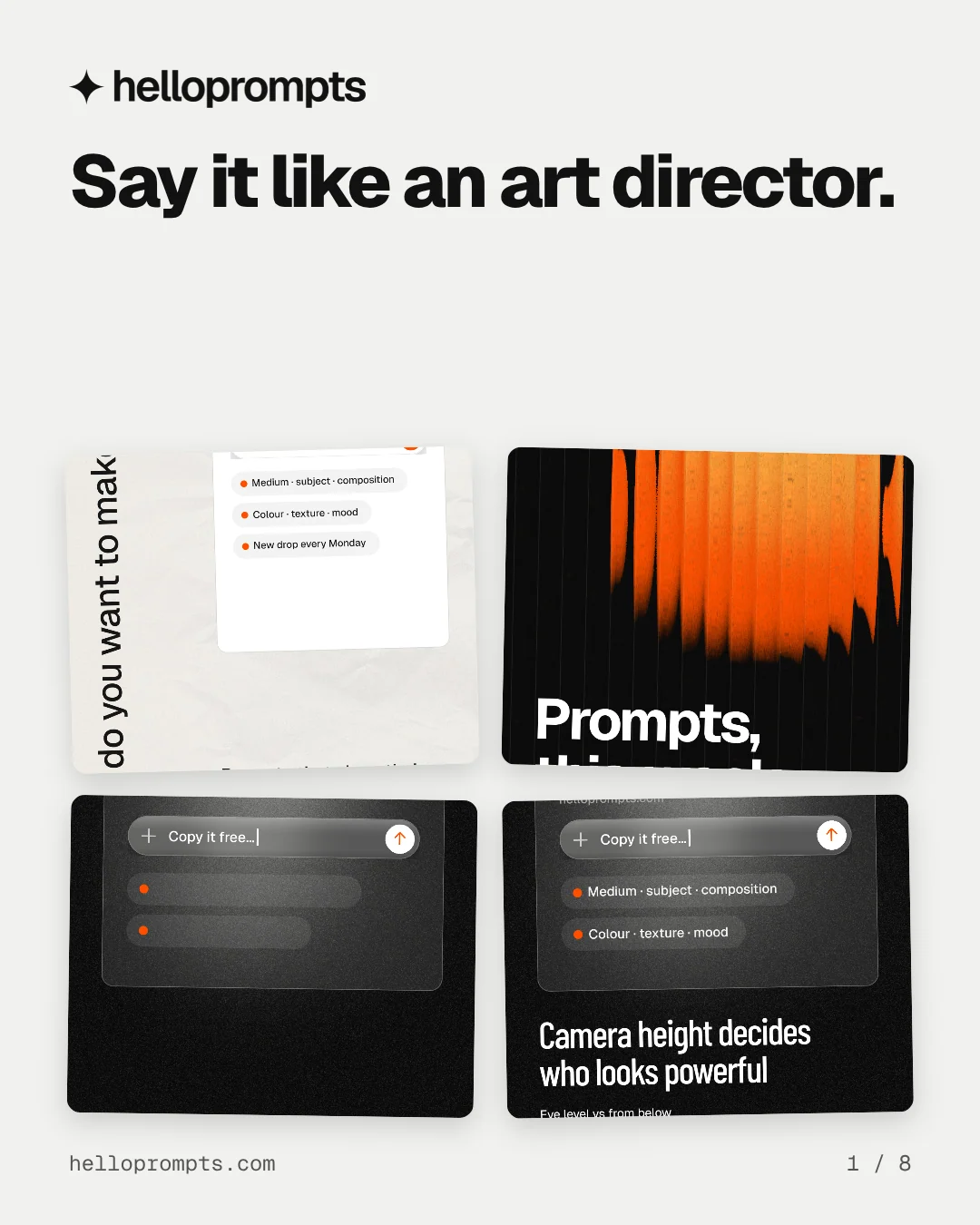 Carousel for HelloPrompts: "Say it like an art director.". Collection carousel, 8 slides, light palette.