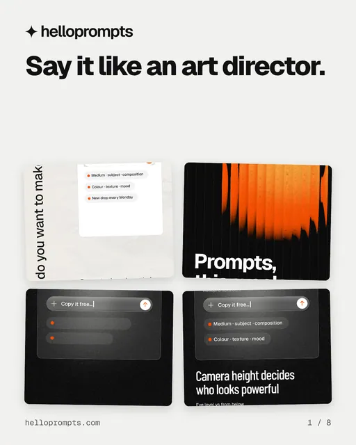 Carousel for HelloPrompts: "Say it like an art director.". Collection carousel, 8 slides, light palette.