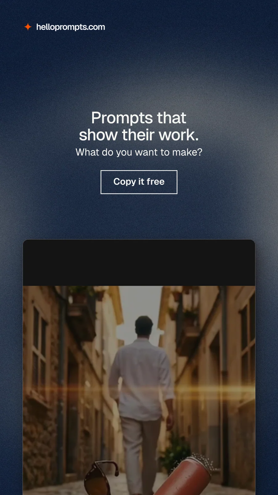 Instagram story for HelloPrompts: "Prompts that show their work." Cyanotype style, centred layout, dark palette in blue, black, grey.
