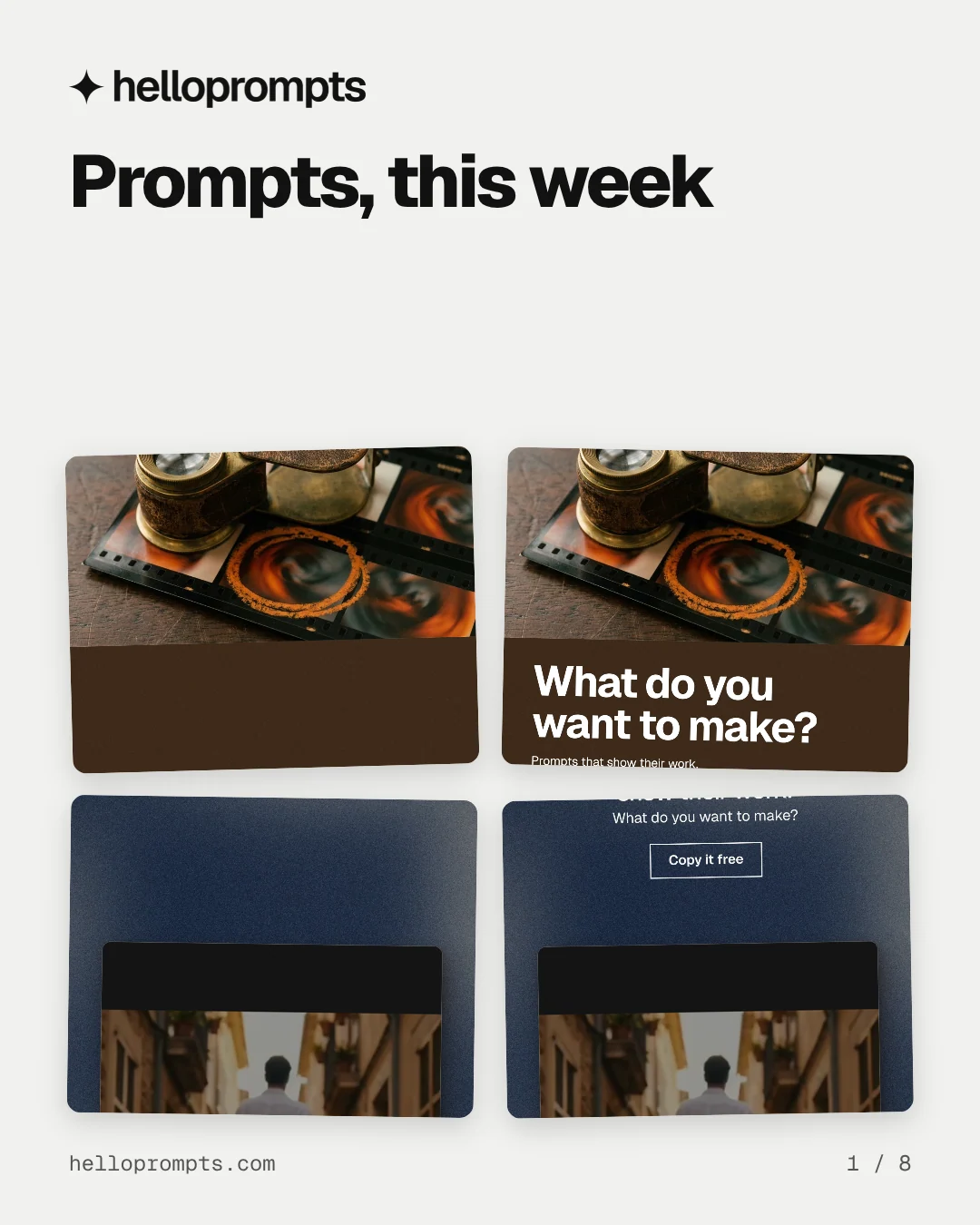 Carousel for HelloPrompts: "Prompts, this week". Collection carousel, 8 slides, light palette.