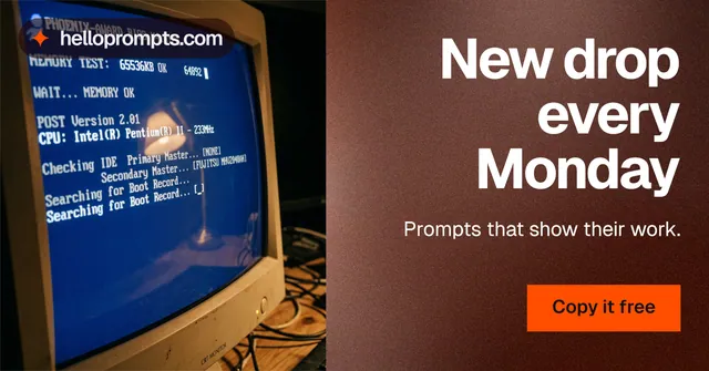 Social ad for HelloPrompts: "New drop every Monday". Swiss style, right layout, dark palette in red, blue, orange.