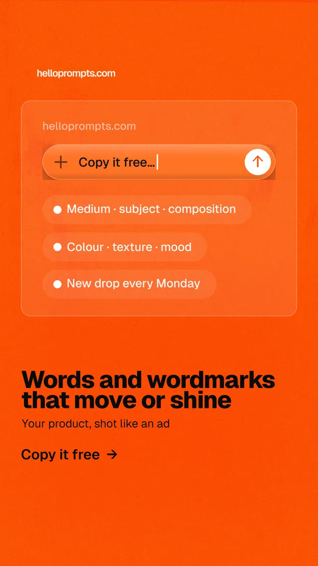 Instagram story for HelloPrompts: "Words and wordmarks that move or shine". Turn card style, bottom layout, light palette in orange.