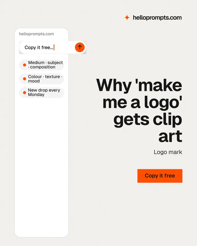Instagram portrait post for HelloPrompts: "Why 'make me a logo' gets clip art". Swiss style, right layout, light palette in white.