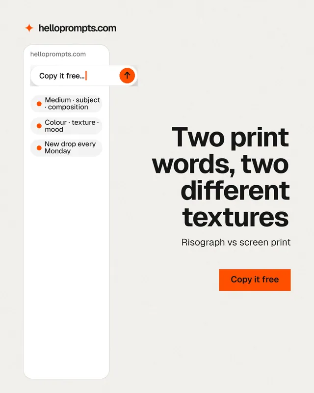 Instagram portrait post for HelloPrompts: "Two print words, two different textures". Swiss style, right layout, light palette in white, grey.