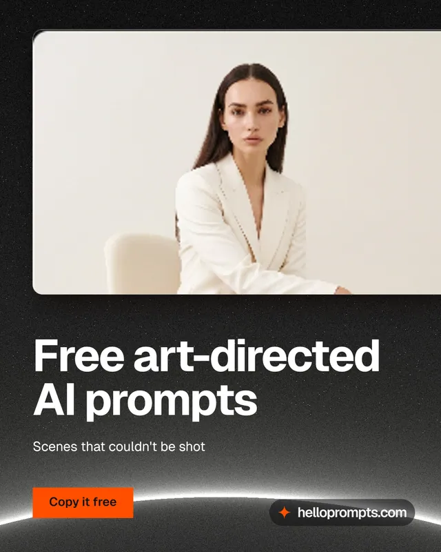 Instagram portrait post for HelloPrompts: "Free art-directed AI prompts". Swiss style, bottom layout, light palette in black, grey, orange.