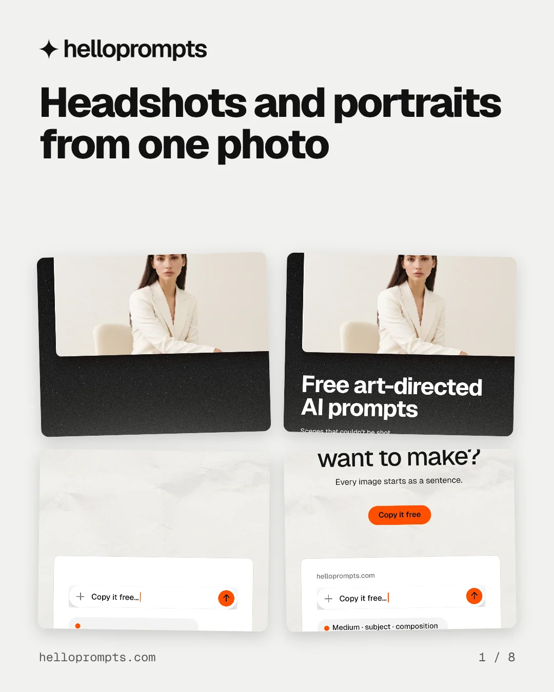 Carousel for HelloPrompts: "Headshots and portraits from one photo". Collection carousel, 8 slides, light palette.