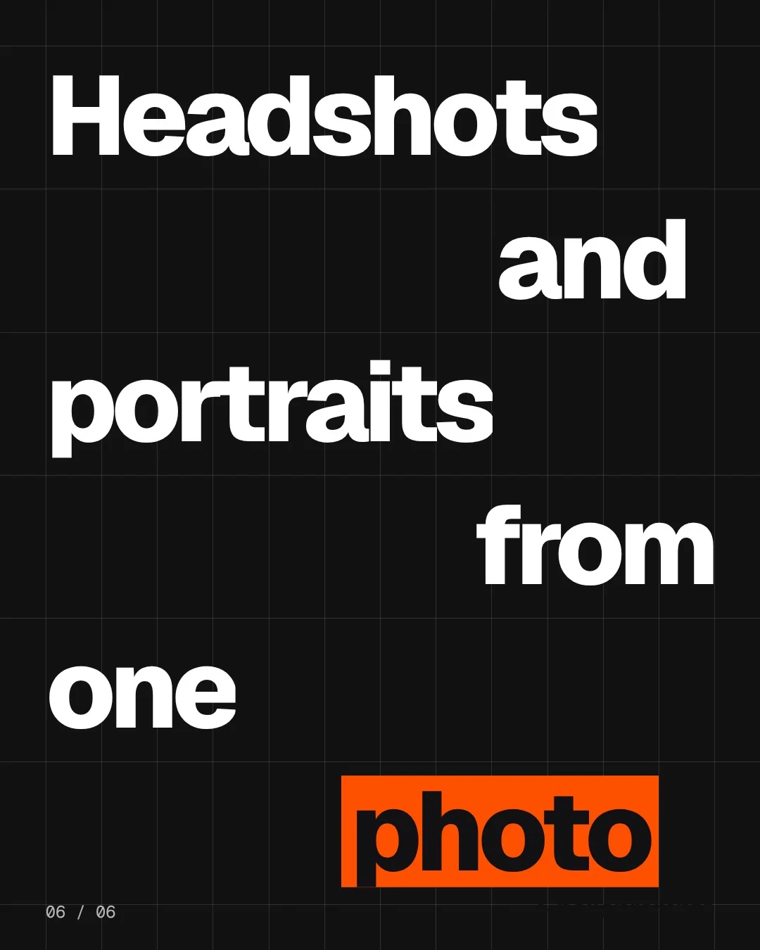 Video for HelloPrompts: "Headshots and portraits from one photo". Kinetic type grid, 6.0 s, dark palette.