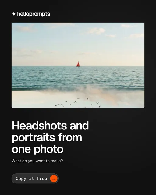 Video for HelloPrompts: "Headshots and portraits from one photo". Doc motion loop, 7.0 s, dark palette.