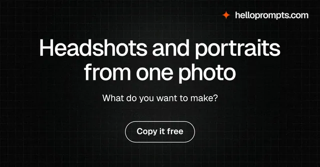 Social ad for HelloPrompts: "Headshots and portraits from one photo". Phosphor atlas style, centred layout, dark palette in black, grey.