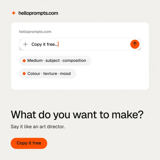 Instagram post for HelloPrompts: "What do you want to make?" Data card style, bottom layout, light palette in white, orange.