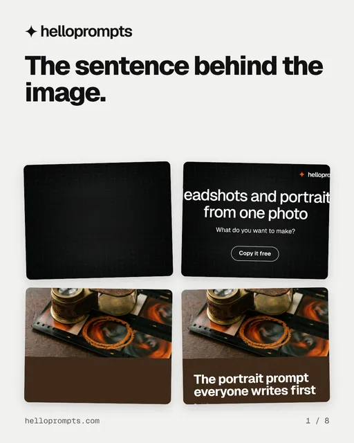 Carousel for HelloPrompts: "The sentence behind the image.". Collection carousel, 8 slides, light palette.