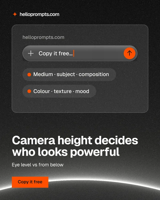 Instagram portrait post for HelloPrompts: "Camera height decides who looks powerful". Swiss style, bottom layout, dark palette in black, grey.