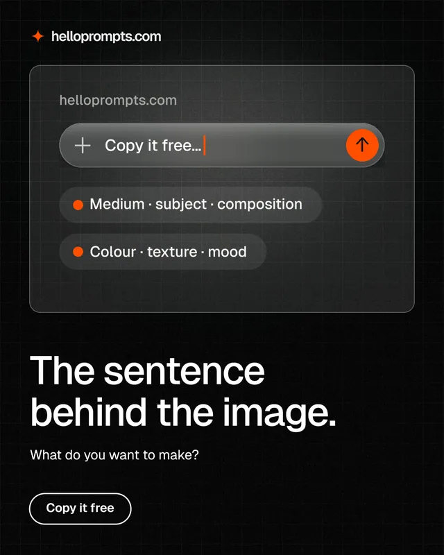 Instagram portrait post for HelloPrompts: "The sentence behind the image." Phosphor atlas style, bottom layout, dark palette in black, grey.