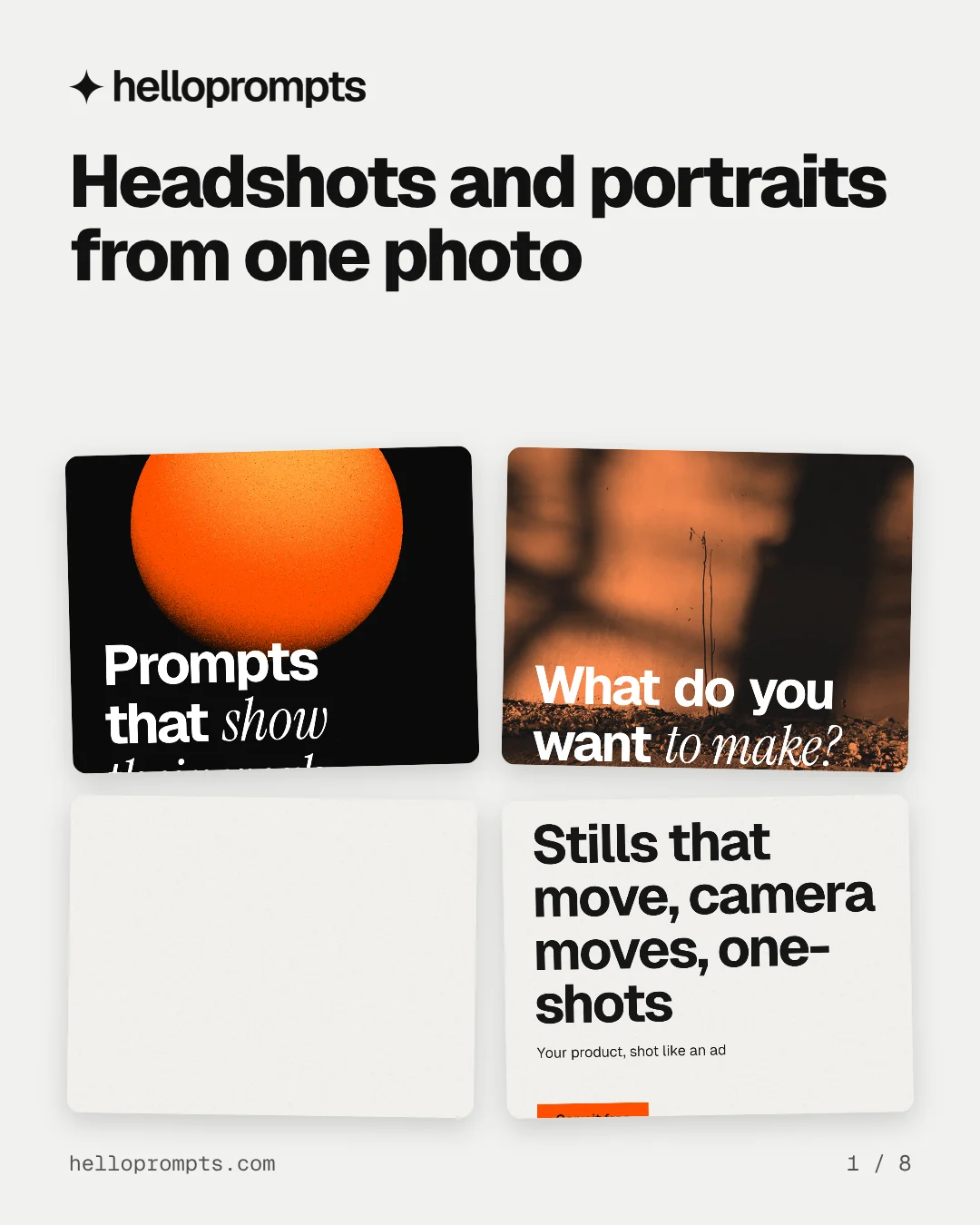 Carousel for HelloPrompts: "Headshots and portraits from one photo". Collection carousel, 8 slides, light palette.