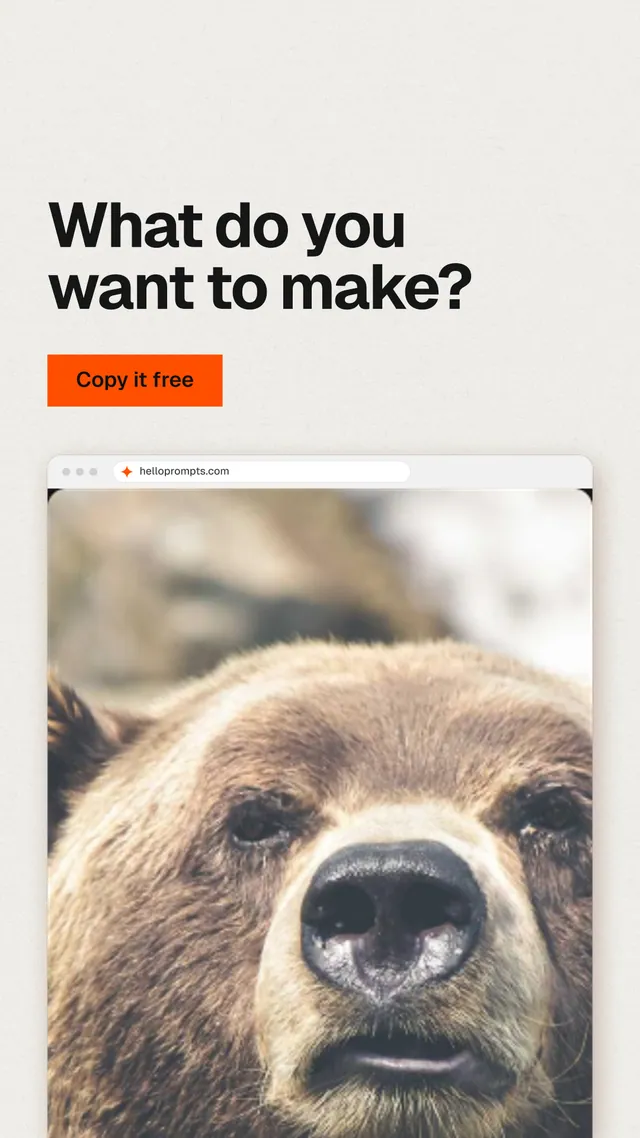 Instagram story for HelloPrompts: "What do you want to make?" Swiss style, browser layout, light palette in white, grey, orange.