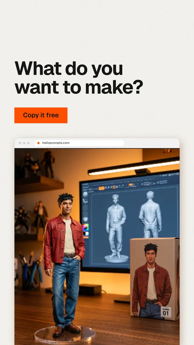 Instagram story for HelloPrompts: "What do you want to make?" Swiss style, browser layout, light palette in white, grey, orange.