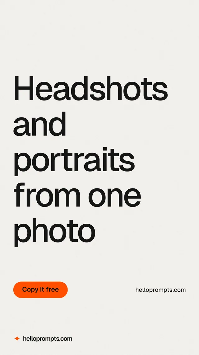Instagram story for HelloPrompts: "Headshots and portraits from one photo". Data card style, poster layout, light palette in white, grey.