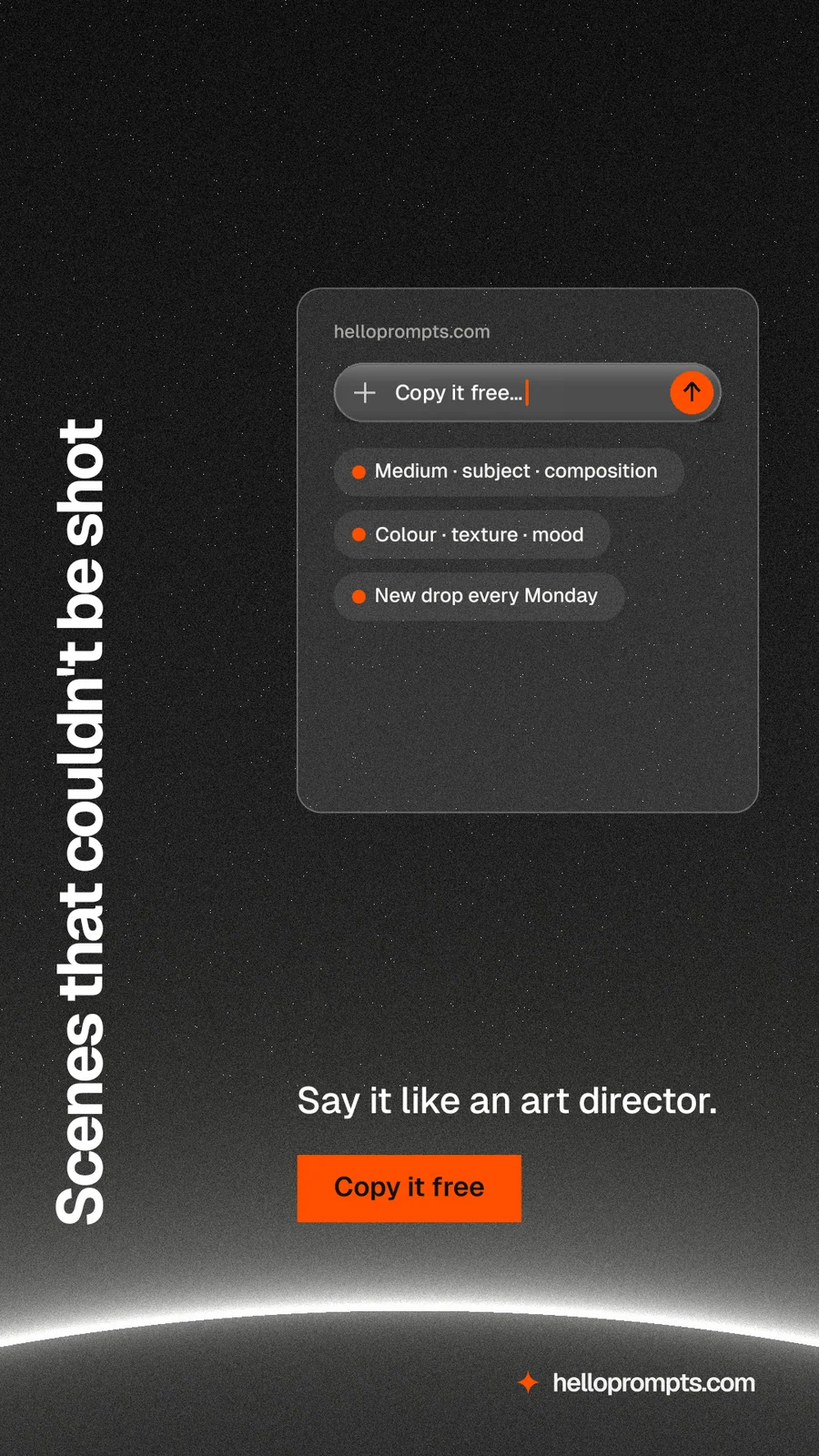 Instagram story for HelloPrompts: "Scenes that couldn't be shot". Swiss style, vertical layout, dark palette in black, grey.