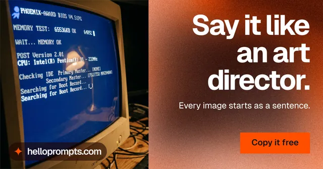 Social ad for HelloPrompts: "Say it like an art director." Swiss style, right layout, dark palette in orange, blue, red.