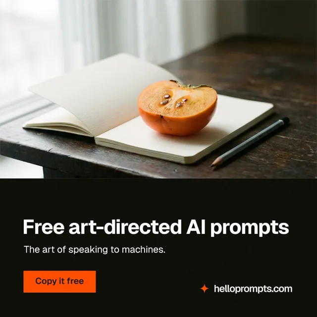 Instagram post for HelloPrompts: "Free art-directed AI prompts". Swiss style, bottom layout, dark palette in white, black, orange.