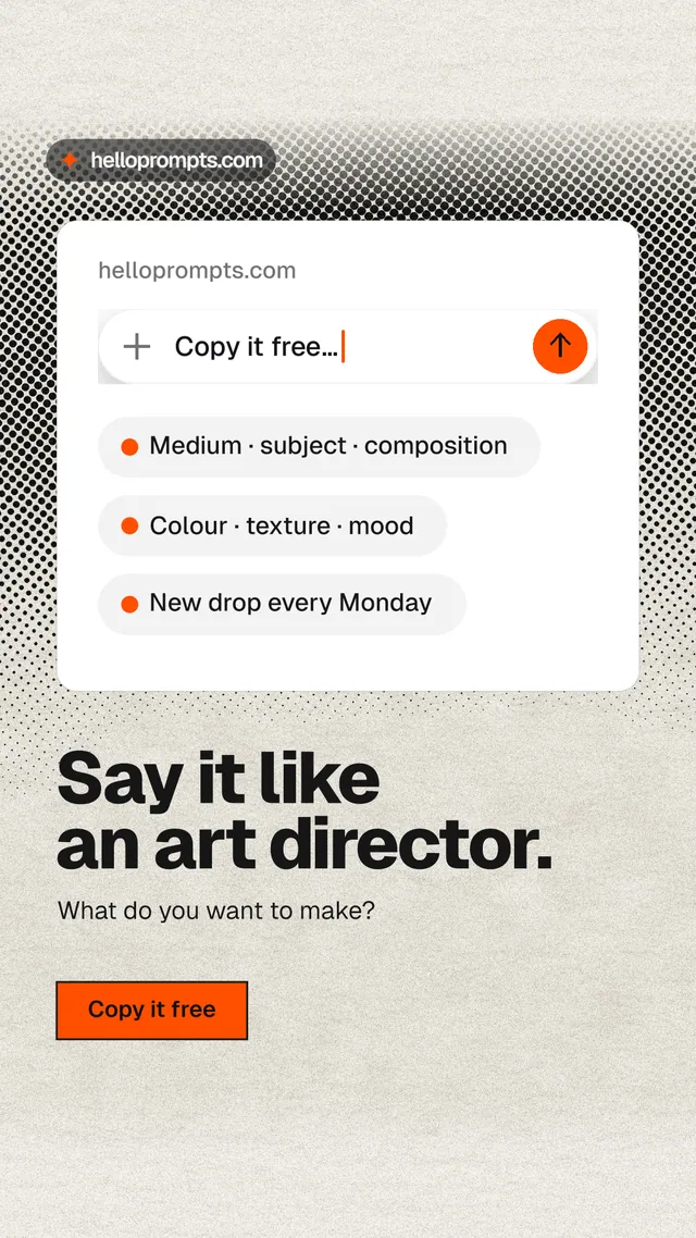 Instagram story for HelloPrompts: "Say it like an art director." Ink sticker style, bottom layout, light palette in white, grey.
