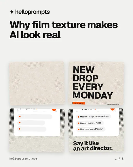 Carousel for HelloPrompts: "Why film texture makes AI look real". Collection carousel, 8 slides, light palette.