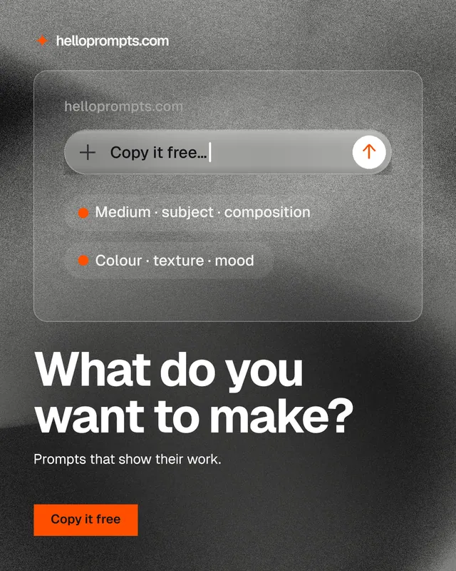 Instagram portrait post for HelloPrompts: "What do you want to make?" Swiss style, bottom layout, dark palette in black, grey.