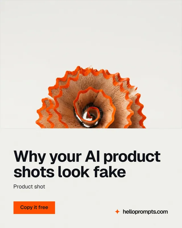 Instagram portrait post for HelloPrompts: "Why your AI product shots look fake". Swiss style, bottom layout, light palette in white, brown.