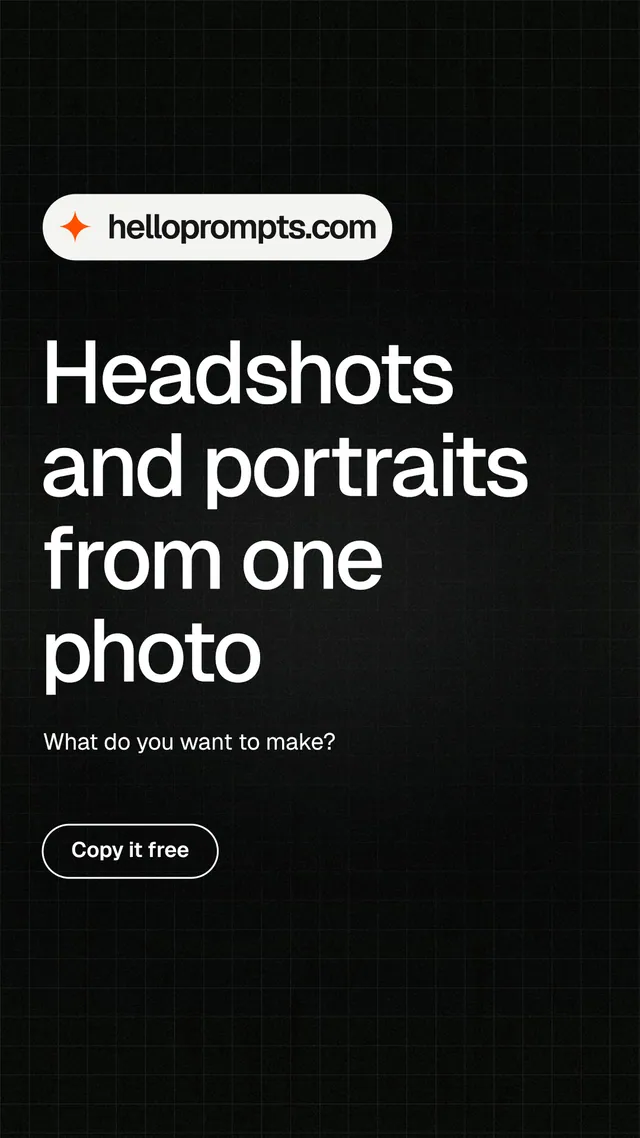 Instagram story for HelloPrompts: "Headshots and portraits from one photo". Phosphor atlas style, announce layout, dark palette in black, grey.