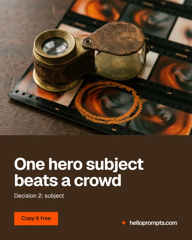 Instagram portrait post for HelloPrompts: "One hero subject beats a crowd". Swiss style, bottom layout, dark palette in orange, black, grey.