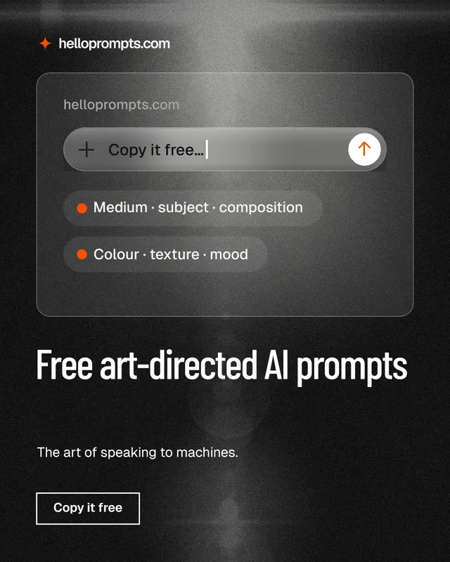 Instagram portrait post for HelloPrompts: "Free art-directed AI prompts". Dark deco style, bottom layout, dark palette in black, grey.