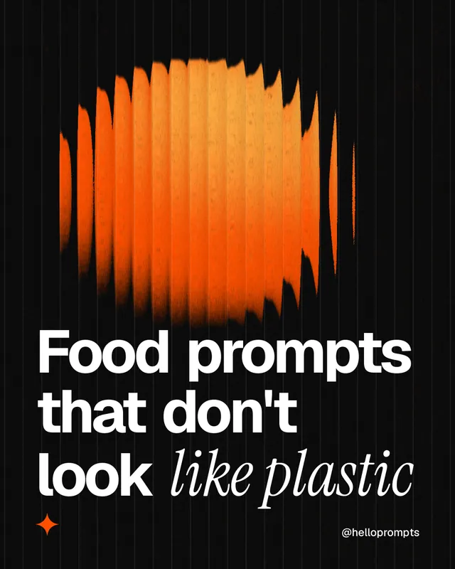 Instagram portrait post for HelloPrompts: "Food prompts that don't look like plastic". Auto 4x5 style, technique:shader field layout, dark palette in black, orange.