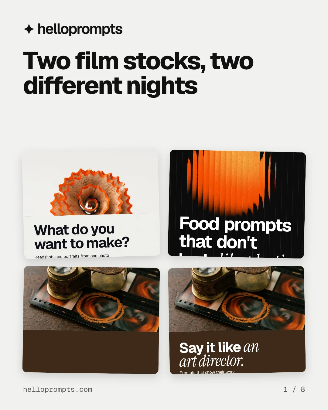 Carousel for HelloPrompts: "Two film stocks, two different nights". Collection carousel, 8 slides, light palette.
