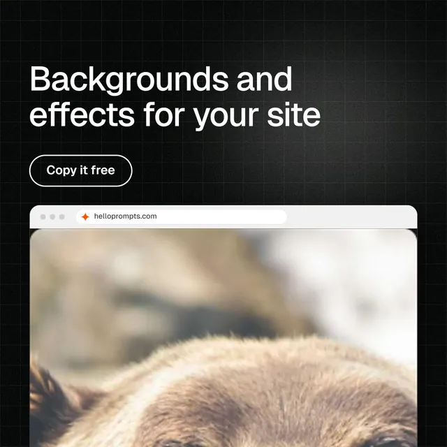 Instagram post for HelloPrompts: "Backgrounds and effects for your site". Phosphor atlas style, browser layout, dark palette in black, grey, orange.