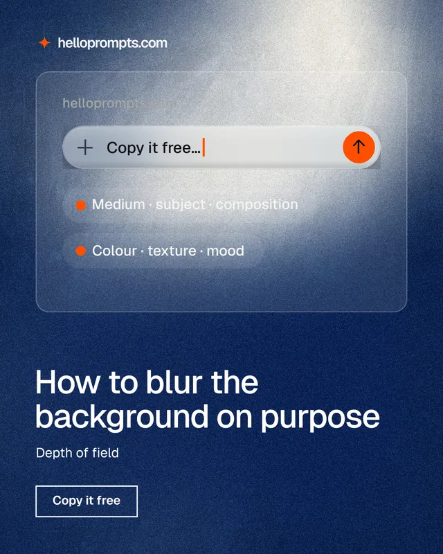 Instagram portrait post for HelloPrompts: "How to blur the background on purpose". Cyanotype style, bottom layout, dark palette in grey, blue.