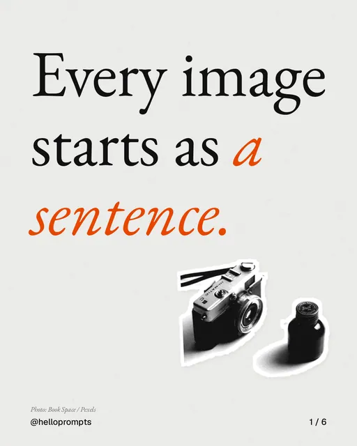 Carousel for HelloPrompts: "Every image starts as a sentence.". Cutout essay, 6 slides, light palette.