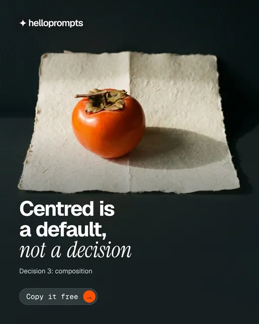 Video for HelloPrompts: "Centred is a default, not a decision". Doc motion loop, 6.0 s, dark palette.