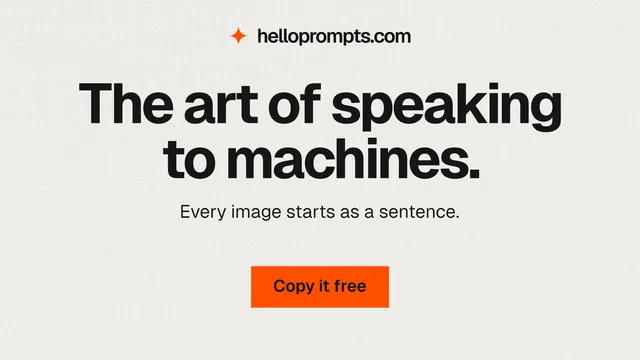 Landscape graphic for HelloPrompts: "The art of speaking to machines." Swiss style, centred layout, light palette in white, grey.