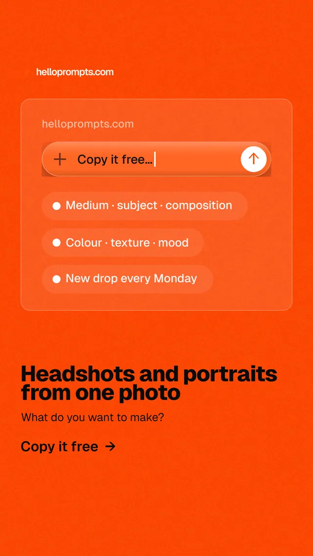 Instagram story for HelloPrompts: "Headshots and portraits from one photo". Turn card style, bottom layout, dark palette in orange.