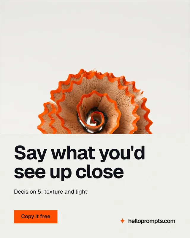 Instagram portrait post for HelloPrompts: "Say what you'd see up close". Swiss style, bottom layout, light palette in white, brown.