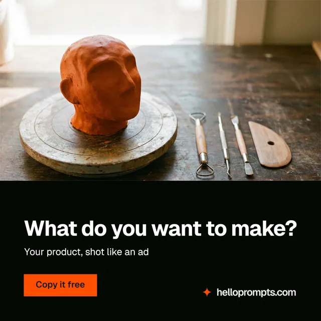Instagram post for HelloPrompts: "What do you want to make?" Swiss style, bottom layout, dark palette in black, white, orange.